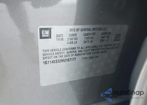 2017 Chevrolet Impala 2Lz from USA, damaged, VIN 1G1145S32HU167177